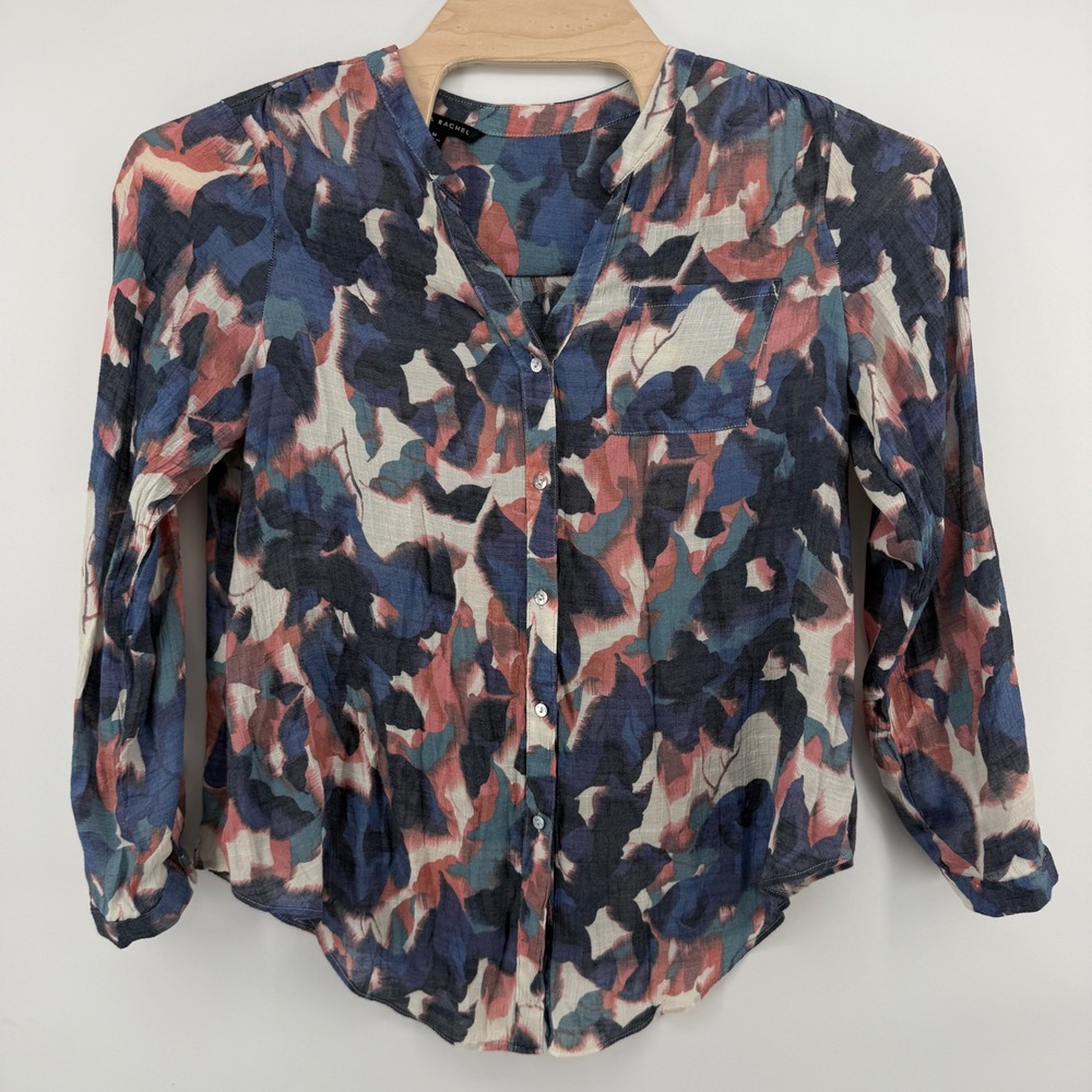 Zac & Rachel Abstract Floral Button Down Blouse Blue Coral M - Picture 2 of 9
